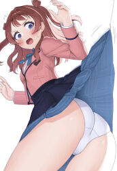 1girl :o absurdres accidental_exposure asigaru3000 ass blazer blue_overskirt blue_skirt brown_hair brown_jacket clothes_lift fish_hook gakuen_idolmaster hanami_saki hatsuboshi_gakuen_school_uniform highres idolmaster jacket long_hair panties school_uniform shirt simple_background skirt skirt_lift solo sweatdrop two_side_up underwear white_background white_panties white_shirt