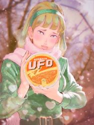 Rule 34 | 1girl, bare tree, belt, belt buckle, black belt, blonde hair, blurry, blurry background, brown eyes, buckle, closed mouth, erina matsuoka, food, food packaging, fur scarf, green hairband, green sweater, hairband, head tilt, heart, highres, holding, holding food, kyoufu shinbun, long hair, looking at viewer, noodles, nose, nucca dzuke, outdoors, product placement, scarf, sky, smile, snowing, solo, standing, sweater, tree, upper body, white scarf, winter, yakisoba