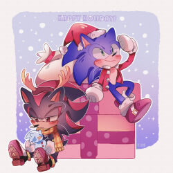 2boys animal_ears antlers bag box christmas commentary felichiii furry furry_male gift gift_box gloves hat hedgehog_boy highres horns male_focus multiple_boys official_alternate_costume reindeer_antlers santa_hat scarf shadow_the_hedgehog shoes short_tail sitting sonic_(series) sonic_the_hedgehog sonic_the_hedgehog_(holiday_cheer) tail white_gloves