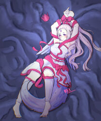 Rule 34 | 1girl, absurdres, armpits, barefoot, blush, bound, bound wrists, bow, breasts, celesionnn, closed mouth, commentary, crown, dress, english commentary, forehead jewel, full body, gem, highres, looking at viewer, medium breasts, pink bow, pink crown, pointy ears, purple gemstone, rabbit and steel, ranalie the mythril dragon, solo, strapless, strapless dress, unworn crown, white dress, white hair