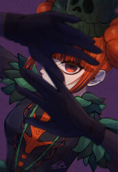 1girl animification character_request copyright_request disneyland double_bun dress hair_between_eyes hair_bun hair_ornament halloween halloween_costume hat highres long_hair long_sleeves looking_at_viewer orange_eyes orange_hair simple_background solo user_cwvk5558