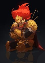 1boy arm_guards armor black_background braid cape elden_ring helmet highres horsearmor hug leonard_(elden_ring) long_hair male_focus red_hair shoulder_armor simple_background starscourge_radahn tworain_w very_long_hair
