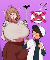 1boy 1girl absurdres ahoge bath black_hair blush bouncing_breasts breasts brown_hair bubble child crying glasses half-closed_eyes hat highres huge_breasts japanese_text kakuzatou_(satousatotototo) mature_female open_mouth original purple_background rejection sad simple_background skirt speech_bubble surprised sweat sweatdrop tears x