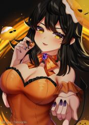 1girl absurdres black_hair black_nails blush breasts cleavage demon_tail egg_hair_ornament food-themed_hair_ornament gem hair_ornament highres holding indie_virtual_youtuber leotard long_hair neck_ribbon orange_leotard orange_ribbon purple_gemstone ribbon sunglasses tail tamagoki_(artist) tamagoki_(vtuber) twitter_username upper_body virtual_youtuber yellow_eyes
