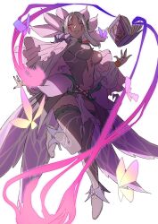 1girl aduti_momoyama aversa_(fire_emblem) aversa_(resplendent)_(fire_emblem) black_nails black_thighhighs body_markings breasts bridal_gauntlets bright_pupils bug butterfly dark-skinned_female dark_skin facial_mark fingernails fire_emblem fire_emblem_awakening fire_emblem_heroes flower footwear_flower highres insect jewelry large_breasts leg_up loincloth long_hair long_sleeves looking_at_viewer nail_polish navel nintendo official_alternate_costume overskirt parted_bangs plant puffy_long_sleeves puffy_sleeves red_eyes ring simple_background smile solo thighhighs vines white_background white_bridal_gauntlets white_flower white_hair white_pupils