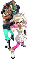 2girls black_boots black_gloves black_hair boots colored_extremities cropped_jacket crown dark-skinned_female dark_skin dress fingerless_gloves gloves gradient_hair green_eyes green_pantyhose laz_gm marina_(splatoon) mole mole_under_mouth multicolored_hair multiple_girls nintendo octoling pantyhose pearl_(splatoon) pink_pantyhose short_bangs short_eyebrows shorts sleeveless sleeveless_dress sleeveless_jacket splatoon_(series) splatoon_2 thick_eyebrows tongue tongue_out white_boots white_dress yellow_eyes