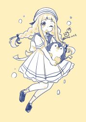 1girl animal bird black_sailor_collar black_shoes braid brown_background brown_eyes brown_hair brown_socks commentary_request dress full_body hat highres holding holding_animal ichihara_nina idolmaster idolmaster_cinderella_girls idolmaster_cinderella_girls_starlight_stage loafers looking_at_viewer low_twintails penguin pleated_dress rino_cnc sailor_collar sailor_dress shoes short_eyebrows simple_background socks solo thick_eyebrows twin_braids twintails twitter_username whistle whistle_around_neck white_dress white_hat