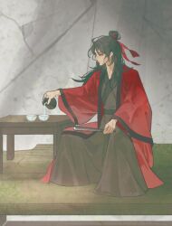 Rule 34 | 1boy, black eyes, black hair, black hanfu, chinese clothes, chinese commentary, cike988905, closed mouth, coat, cup, dao gui yi xian, folded fan, folding fan, full body, hair bun, hair ribbon, half updo, hand fan, hanfu, holding, holding fan, holding teapot, implied yaoi, li huowang, long hair, long sleeves, looking at object, looking down, male focus, open clothes, open coat, pouring, profile, red coat, red ribbon, ribbon, robe, rock, single hair bun, sitting, solo, table, teacup, teapot, water, wide sleeves, wooden floor