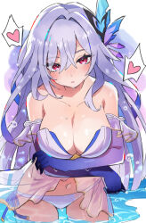 1girl arms_under_breasts babydoll bare_shoulders bikini breasts bubble cleavage commentary cowboy_shot english_commentary genshin_impact hair_intakes hair_ornament heart large_breasts leaning_forward long_hair looking_at_viewer navel parted_lips purple_hair purple_hands red_eyes saylamars see-through_clothes side-tie_bikini_bottom skirk_(genshin_impact) solo speech_bubble spoken_heart swimsuit very_long_hair wading water wet white_bikini