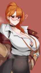1girl absurdres black_bra black_choker bra bra_peek breasts brown_coat bursting_breasts choker closed_mouth coat collarbone collared_shirt drunktatsu earrings eyelashes glasses grey_skirt hair_over_shoulder highres hoop_earrings huge_breasts indie_virtual_youtuber jewelry lanyard mako_fukasame mole mole_on_breast mole_under_eye multicolored_hair open_clothes open_coat orange_hair ponytail red_hair semi-rimless_eyewear shirt skirt solo sound_effects streaked_hair underwear virtual_youtuber white_shirt