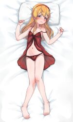 1girl absurdres aged_down ahoge bare_arms bare_legs barefoot bed_sheet blonde_hair blue_eyes blush closed_mouth collarbone commentary_request commission feet fingernails flat_chest from_above full_body hairband highres hold111 idolmaster idolmaster_million_live! korean_commentary lingerie long_hair looking_at_viewer lying navel on_back on_bed panties pillow red_hairband red_panties shinomiya_karen solo strap_slip toenails toes underwear underwear_only wavy_mouth