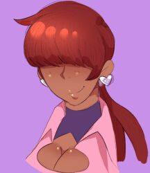 1girl 1shermieaday breasts cleavage cleavage_cutout clothing_cutout curvy dark-skinned_female dark_skin earrings female_focus heart huge_breasts jacket jewelry large_breasts long_hair open_clothes ponytail red_hair shermie_(kof) smile smiley_face tan the_king_of_fighters twintails