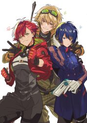 3boys absurdres ahoge antenna_hair black_pants blonde_hair blue_coat blue_eyes blue_hair blush bodysuit clenched_hands closed_mouth coat commentary_request cowboy_shot cropped_jacket double_v fingerless_gloves gloves green_eyes grey_bodysuit grey_pants grey_shirt gun helios_rising_heroes highres holding holding_gun holding_weapon jacket kisaragi_ren_(helios_rising_heroes) looking_at_viewer male_focus multiple_boys nana_tetra open_clothes open_jacket otori_akira pants red_gloves red_hair red_jacket shirt short_hair simple_background smile v weapon white_background white_gloves will_sprout yellow_eyes yellow_jacket yellow_pants