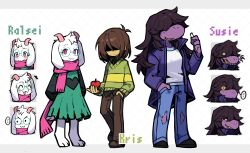 +++ ... 1boy 1girl 1other :3 absurdres antenna_hair apple arms_behind_back barefoot black_eyes black_shirt black_shoes blue_pants blush bob_cut breasts bright_pupils brown_hair brown_pants brown_shoes chalk character_name chinese_commentary closed_mouth coat collared_coat collared_shirt colored_sclera colored_skin colored_teeth commentary_request covered_eyes deltarune denim fewer_digits food frown fruit full_body furry furry_female furry_male glasses goat_boy green-framed_eyewear green_robe green_sweater grid_background grin hair_over_eyes hand_in_pocket heart heart_print highres holding holding_chalk holding_food holding_fruit horns jeans kris_(deltarune) letterboxed long_sleeves looking_at_viewer medium_hair multiple_expressions open_clothes open_coat outside_border pants pink_eyes pink_horns pink_scarf purple_coat purple_skin ralsei reptile_girl robe round_eyewear scarf semi-rimless_eyewear shaded_face sharp_teeth shio_0585 shirt shoes simple_background small_breasts smile spoken_ellipsis standing striped_clothes striped_sweater susie_(deltarune) sweater teeth torn_clothes torn_jeans torn_pants two-tone_sweater v-neck v-shaped_eyebrows white_background white_fur white_pupils white_shirt yellow_sclera yellow_sweater yellow_teeth