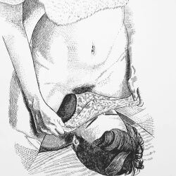 1boy 1girl chernyart commentary crosshatching english_commentary female_pubic_hair fishnet_thighhighs fishnets greyscale hatching_(texture) hetero monochrome navel original panties panty_pull pubic_hair pulling_own_clothes sitting sitting_on_face sitting_on_person thighhighs underwear