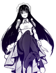 1girl alice_(ragnarok_online) apron arima_natsubon blunt_bangs commentary_request dress feet full_body grin hime_cut juliet_sleeves long_hair long_sleeves looking_at_viewer maid maid_headdress no_shoes pantyhose puffy_sleeves ragnarok_online shaded_face simple_background smile solo thighband_pantyhose toes