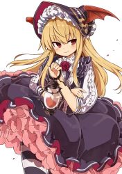 1girl bat_wings blonde_hair blush dress fang female_focus fingernails flower frilled_dress frills head_wings highres holding holding_lantern lantern long_fingernails long_hair murakami_meishi pantyhose red_eyes red_flower red_neckwear red_rose rose shingeki_no_bahamut simple_background smile solo striped_clothes striped_legwear striped_pantyhose vampire vampy white_background wings
