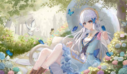 1girl absurdres aichinaigai ayaka_(genshin_impact) bird blue_dress blue_eyes blue_flower bug butterfly butterfly_hair_ornament chinese_commentary collar commentary_request day detached_collar dove dress feet_out_of_frame flower genshin_impact hair_ornament hand_up hat highres holding holding_umbrella insect kamisato_ayaka kamisato_ayaka_(springbloom_missive) letter long_hair looking_at_viewer nail_polish nature official_alternate_costume on_bench outdoors pantyhose pink_flower purple_flower sitting smile solo tassel tree umbrella very_long_hair white_collar white_flower white_hair white_pantyhose white_umbrella