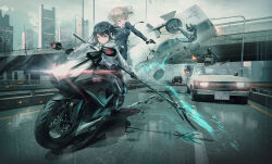 2girls 5others battle black_hair black_pantyhose car city drive-by firing gloves grey_hair gun highres holding holding_gun holding_weapon jacket motor_vehicle motorcycle multiple_girls multiple_others necktie original outdoors pantyhose pleated_skirt riding shirt short_hair skirt suit_jacket swav teamwork vehicle_chase weapon white_shirt yellow_eyes