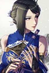 1girl black_hair breasts brown_eyes cleavage dress fishnet_gloves fishnets flute gloves hair_ornament highres instrument jewelry kei_ohmi large_breasts lipstick long_hair makeup mole mole_under_eye shin_sangoku_musou shin_sangoku_musou_origins sleeveless sleeveless_dress solo zhen_ji_(shin_sangoku_musou) zooming_in