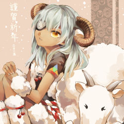 10s 1boy 2015 aqua_hair bad_id bad_pixiv_id bird eyepatch horns inazuma_eleven inazuma_eleven_(series) junekun lion long_hair looking_at_viewer male_focus new_year parted_lips penguin sakuma_jirou sheep sheep_horns solo yellow_eyes