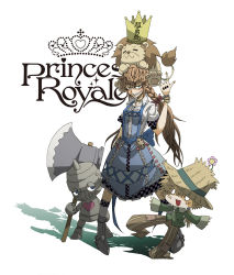 1girl :3 axe bracelet braid brown_eyes copyright_name cowardly_lion crown dorothy_gale female_focus flower green_eyes grin hair_ribbon hat hat_flower heart highres jewelry open_mouth original pigeon-toed princess_royale ribbon ring scarecrow scarecrow_(the_wizard_of_oz) sharp_teeth smile solo teeth the_wizard_of_oz tin_man_(the_wizard_of_oz) tori_(artist) tori_(hiyoko_bazooka) toto_(the_wizard_of_oz) twin_braids weapon