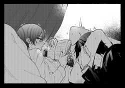 2boys black_hair blush book ciel_phantomhive commentary earrings eyelashes fingernails greyscale highres jewelry kurosh00kie kuroshitsuji male_focus monochrome multiple_boys oral pillow sebastian_michaelis sweat yaoi