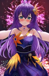 1girl absurdres aerial_fireworks ahoge aqua_eyes armpits blush breasts closed_mouth collarbone cowboy_shot dot_nose double-parted_bangs dress fireworks floris_(saber13) flower hair_flower hair_ornament highres idolmaster idolmaster_million_live! idolmaster_million_live!_theater_days incoming_hug long_hair looking_at_viewer mochizuki_anna night night_sky official_alternate_costume outdoors outstretched_arms pov purple_dress purple_hair sky sleeveless sleeveless_dress small_breasts solo straight-on straight_hair very_long_hair