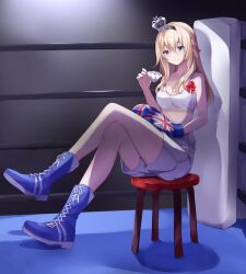 1girl artist_request blonde_hair blue_eyes boxing_gloves boxing_ring crown cup shorts smile source_request stool tea teacup