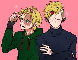 2boys annoyed asymmetrical_hair bangs_pinned_back black_shirt blonde_hair bow brothers burn_scar cheek_piercing closed_eyes closed_mouth commentary dbdbdb39 ear_piercing earrings fingernails food-themed_hair_ornament frown fugo_dressel furrowed_brow green_eyes green_hoodie hair_bow hair_ornament hairclip hand_up highres higyaku_no_noel hood hood_down hoodie hoop_earrings jewelry layered_sleeves long_sleeves looking_at_hand lower_teeth_only male_focus messy_hair multiple_boys multiple_earrings multiple_piercings open_mouth oscar_dressel piercing pink_background pink_bow polka_dot polka_dot_bow scar scar_on_face shirt short_hair siblings sideburns signature simple_background sleeves_past_wrists squiggle strawberry_hair_ornament sweatdrop symbol-only_commentary teeth thick_eyebrows turtleneck turtleneck_shirt upper_body v-shaped_eyebrows