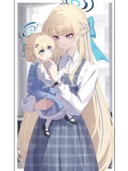 2girls absurdres akanora aqua_bow baby blonde_hair blue_archive blue_dress blue_eyes blue_halo blue_streaks bow braid carrying carrying_person dress hair_bow half_up_braid halo highres indoors ishikawa_yui long_hair long_sleeves mother_and_daughter multicolored_hair multiple_girls pinafore_dress shirt sleeveless sleeveless_dress smile streaked_hair toki_(blue_archive) very_long_hair watch white_shirt wristwatch