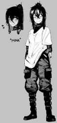 10_4_(10f0ur) 1girl absurdres bandaid bandaid_on_face bandaid_on_nose blush boots character_name grey_background greyscale grin hand_in_pocket high_ponytail highres layered_sleeves long_sleeves looking_at_viewer monochrome original pants pants_tucked_in ponytail shirt short_over_long_sleeves short_sleeves simple_background smile t-shirt tomboy