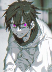 1boy black_hair hair_between_eyes jumpsuit looking_at_viewer male_focus monochrome ohsoukamo original pink_eyes round_teeth short_hair slit_pupils solo spot_color teeth upper_body wet white_jumpsuit