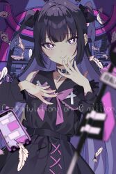 1girl absurdres anda_(tuyu) banknote belt_collar black_hair blunt_bangs choker collar commentary_request congratulations cover fang feathers highres hutaba_haru jirai_kei long_hair looking_at_viewer money phone purple_eyes purple_hair smile solo symbol-shaped_pupils tuyu_(band) under_kids x-shaped_pupils