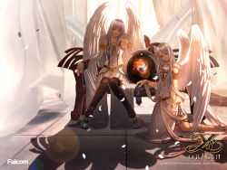 00s 2006 2girls ancient_ys_vanished angel_wings black_legwear copyright_name curtains dress expressionless falcom feena_(ys) grey_eyes kneeling long_hair multiple_girls official_art official_wallpaper pantyhose petals reah_(ys) shadow shoes siblings silver_hair sisters sitting skirt twins white_dress wings ys ys_origin