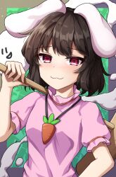 1girl :3 :d animal_ears black_hair carrot_necklace closed_mouth commentary_request floppy_ears highres inaba_tewi jewelry kine looking_at_viewer mallet mochi_(touhou) necklace open_mouth rabbit_ears red_eyes short_hair short_sleeves sketch smile solo touhou upper_body yosshy