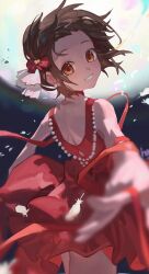 1girl absurdres back backless_dress backless_outfit bare_back bare_shoulders blurry blurry_background blurry_foreground bow brown_hair choker commentary cowboy_shot depth_of_field dress falling_feathers feathers floating_hair forehead foreshortening from_behind full_moon grin hair_bow hair_ornament highres huge_moon jewelry looking_at_viewer looking_back medalist_(manga) moon necklace parted_lips pearl_necklace reaching reaching_towards_viewer red_bow red_choker red_dress red_eyes red_ribbon ribbon sentter short_hair shoulder_blades sleeveless sleeveless_dress smile solo teeth yuitsuka_inori