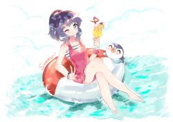 1girl artist_request bare_shoulders beak berry blue_background blue_eyes blue_hair blush bracelet breasts casual_one-piece_swimsuit closed_eyes cocktail collarbone crazy_straw crossed_legs cup dawn_(pokemon) drink drinking_glass drinking_straw english_text flower food frilled_swimsuit frills fruit full_body gen_4_pokemon glass hair_ornament hair_tie hands_up heart_straw highres innertube jewelry looking_at_viewer matching_hair/eyes nintendo one-piece_swimsuit one_eye_closed open_mouth orange_(fruit) orange_slice pink_one-piece_swimsuit piplup pokemon pokemon:_arceus_and_the_jewel_of_life pokemon_(anime) pokemon_(creature) pokemon_dppt_(anime) ponytail scrunchie short_hair simple_background sitting small_breasts smile steam swim_ring swimsuit text_focus w water white_background white_flower wink wrist_scrunchie