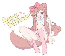 Rule 34 | animal ears, blush, bow, chromu, english text, full body, hair bow, happy birthday, heart, indie virtual youtuber, long hair, looking at viewer, open mouth, panties, pink hair, pink socks, simple background, sitting, smile, socks, solo, tail, underwear, virtual youtuber, white background