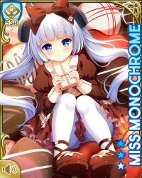 1girl black_footwear blue_eyes blunt_bangs bow brown_bow brown_dress card character_name day dress frilled_dress frills girlfriend_(kari) indoors leggings miss_monochrome miss_monochrome_(character) official_art open_mouth qp:flapper sitting solo tagme thighhighs twintails white_bow white_hair white_leggings