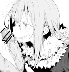 Rule 34 | 1boy, 1girl, after fellatio, cum, eyelashes, fellatio, fur trim, greyscale, henyaan (oreizm), hetero, highres, large penis, licking, licking penis, long hair, monochrome, oral, penis, rimuru tempest, sidelocks, simple background, squeans, tensei shitara slime datta ken, tongue, tongue out, white background