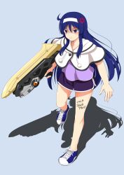 1girl absurdres ahoge anger_vein assault_lily blue_background blue_hair blue_shoes body_writing buttons capelet clenched_teeth commentary_request commission dolphin_shorts full_body gun hair_between_eyes hairband highres holding holding_gun holding_weapon itou_shizu_(assault_lily) leg_up light_blush long_hair looking_ahead multicolored_shoes parted_lips pom_pom_(clothes) purple_eyes purple_shirt purple_shorts senri_(senri03151221) shaded_face shadow shirt shoes short_shorts shorts side_slit side_slit_shorts sidelocks simple_background skeb_commission sneakers solo standing standing_on_one_leg teeth two-tone_shoes v-shaped_eyebrows very_long_hair weapon white_capelet white_hairband white_shoes