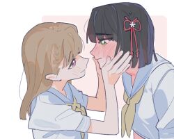Rule 34 | 2girls, black hair, blue dress, blunt bangs, blunt ends, bob cut, border, braid, breasts, brown hair, center-flap bangs, commentary, dress, english commentary, eye contact, flower, flower knot, green eyes, hair flower, hair ornament, hands on another&#039;s cheeks, hands on another&#039;s face, hasu no sora school uniform, highres, kachimachi kosuzu, link! like! love live!, long hair, looking at another, love live!, medium breasts, momose ginko, multiple girls, neckerchief, outside border, pink background, pink eyes, pipi (m1x mix), profile, puffy short sleeves, puffy sleeves, sailor collar, sailor dress, school uniform, short hair, short sleeves, side braids, simple background, summer uniform, virtual youtuber, white border, white flower, white sailor collar, yellow neckerchief, yuri