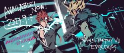 2boys armor baton_(weapon) belt black_gloves black_suit blonde_hair brown_belt buster_sword cloud_strife collared_shirt dated final_fantasy final_fantasy_vii final_fantasy_vii_ever_crisis fingerless_gloves formal_clothes fujise_lisa gloves goggles goggles_on_head green_eyes highres holding holding_baton_(weapon) holding_sword holding_weapon lightning male_focus multiple_belts multiple_boys official_alternate_costume parted_lips red_hair reno_(ff7) shirt shoulder_armor single_shoulder_pad skirt sleeveless sleeveless_turtleneck smirk spiked_hair square_enix suit suspender_skirt suspenders sword turtleneck upper_body weapon white_shirt