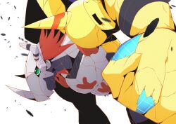 1boy armor battle_damage broken_horn clenched_hand colored_skin digimon digimon_(creature) dragon green_eyes helmet highres horns male_focus mitosupa_(qsiqydfz7nesh9w) orange_skin red_hair short_hair simple_background solo upper_body wargreymon white_background wireframe yellow_armor
