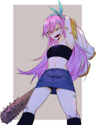 1girl aqua_bow aqua_eyes aubrey_(faraway)_(omori) aubrey_(omori) bandaid baseball_bat black_legwear bow crop_top denim denim_skirt highres holding holding_baseball_bat jacket kazuya_(kozun) letterman_jacket nail nail_(hardware) nail_bat non-web_source omori pink_hair skirt spiked_bat white_background white_jacket