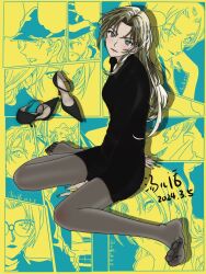 1girl blonde_hair blue_eyes feet highres light_blush long_hair looking_at_viewer meitantei_conan pantyhose shoes soles tangerhua unworn_shoes vermouth_(meitantei_conan)
