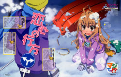 1boy 1girl absurdres aisaka_taiga blush brown_eyes brown_hair coat embarrassed gloves hat highres hiyamizu_yukie long_hair long_sleeves looking_at_another looking_at_viewer magazine_scan newtype official_art open_mouth purple_gloves road_sign scan sign sitting snow standing takasu_ryuuji toboggan toradora! translation_request wariza yellow_headwear