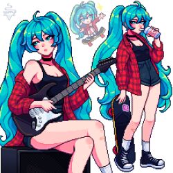 1girl aqua_eyes aqua_hair artist_name aseprite_(medium) black_choker breasts choker cleavage collarbone crossed_legs drink hatsune_miku highres holding holding_drink long_hair multiple_views off_shoulder open_clothes open_shirt pixel_art simple_background sitting skateboard skateboarding standing twintails very_long_hair vocaloid white_background yumykon