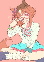 1girl absurdres animal_ears aqua_bow aqua_bowtie aqua_nails bow bowtie bracelet brown_hair clothes_around_waist collared_shirt ear_ornament glasses grin gyaru highres horse_ears horse_girl horse_tail indian_style jacket jacket_around_waist jewelry loose_bowtie loose_socks multicolored_hair multicolored_nails nail_polish nenbutsu_0416 one_eye_closed pink_background red-framed_eyewear red_bow red_bowtie red_eyes red_nails red_skirt shirt simple_background sitting skirt smile socks solo streaked_hair striped_bow striped_bowtie striped_clothes tail teeth transcend_(umamusume) umamusume v white_hair white_shirt white_socks